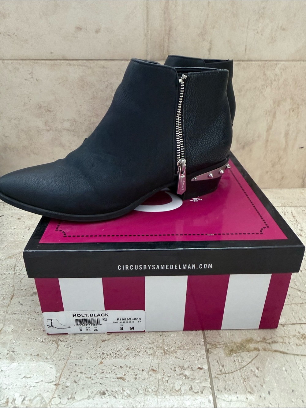 Circus by Sam Edelman Black Leather Zip Ankle Booties with Stud Heel
